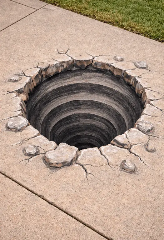 Cool 3D pit optical illusion chalk drawing on sidewalk and concrete
