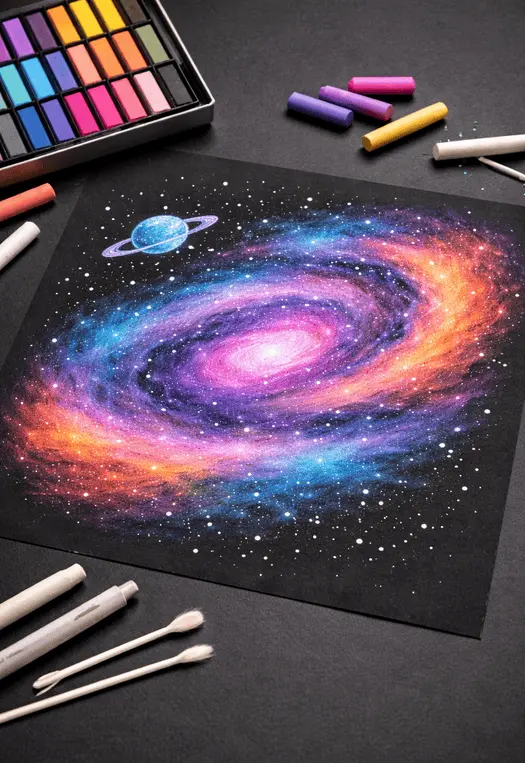 Galaxy chalk pastel drawing on black paper step by step tutorial