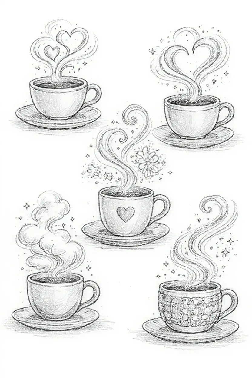 Coffee cup with decorative steam patterns