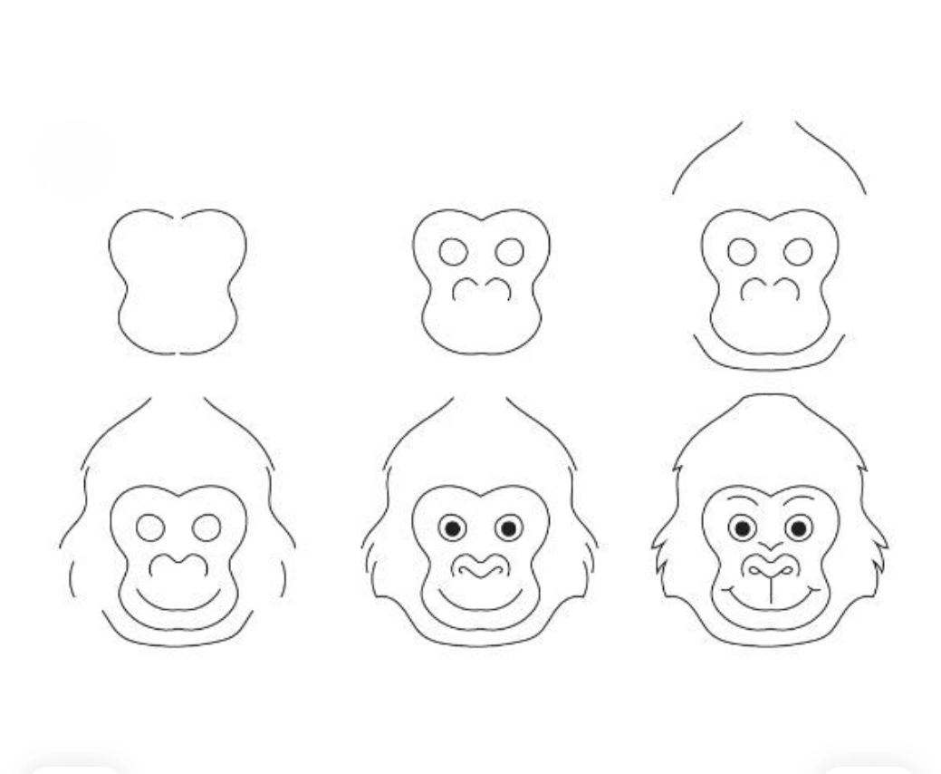 Cool simple easy gorilla face drawing step by step for beginners with pencil &mdash; 6-step tutorial