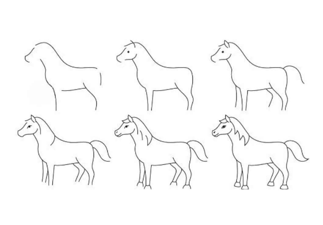 Simple easy horse drawing step by step for adults and beginners with pencil &mdash; 6-step tutorial