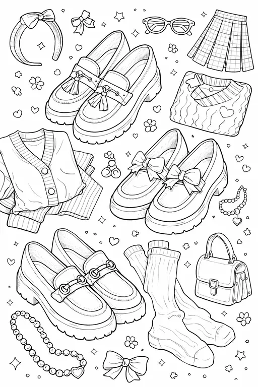 Preppy aesthetic coloring page &mdash; accessories flatlay with pearl necklace quilted bag bow perfume sunglasses free printable