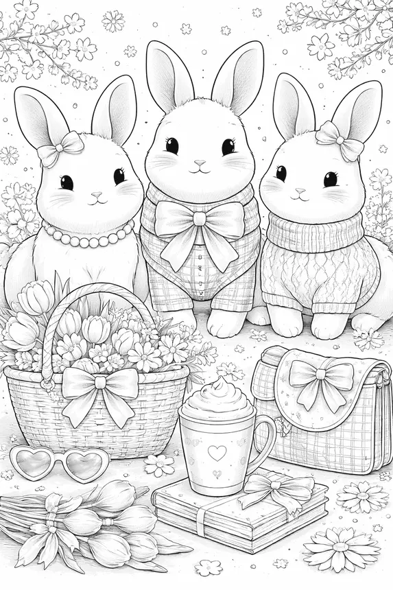 Preppy animal coloring page &mdash; three cute bunnies in preppy outfits with pearl necklaces bow accessories and frappuccino free printable