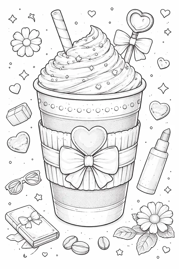 Preppy coffee coloring page &mdash; frappuccino cup with bow heart and whipped cream surrounded by preppy accessories free printable