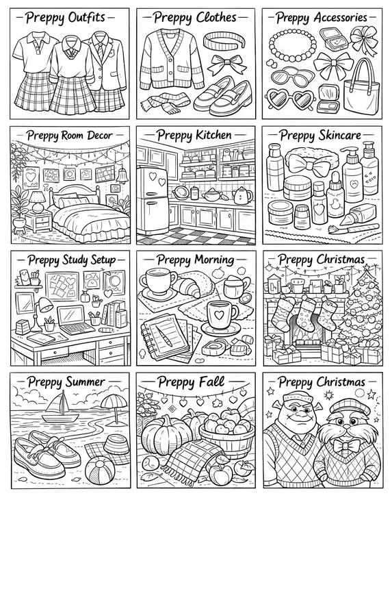 Free preppy coloring pages collection featuring preppy outfits, rooms, animals, kitchen and aesthetic scenes for girls and adults