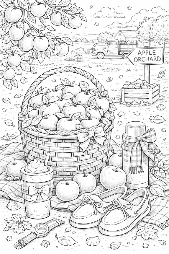 Preppy fall coloring page &mdash; apple orchard harvest scene with wicker basket boat shoes plaid thermos and autumn leaves free printable