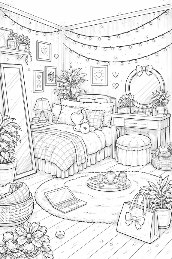 Preppy room coloring page &mdash; aesthetic bedroom scene with vanity mirror fairy lights plaid bedding and houseplants free printable
