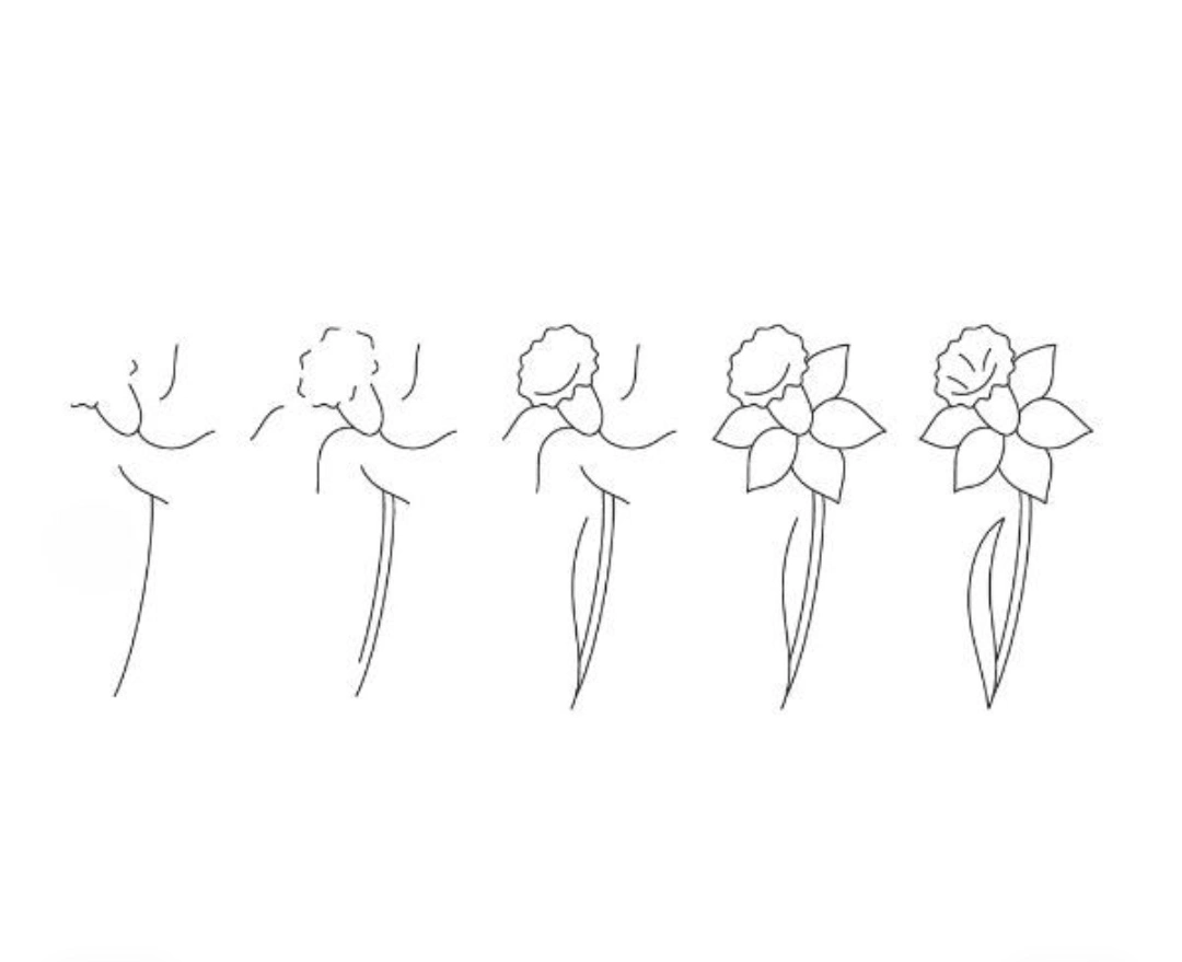 Simple flower pencil drawing step by step for beginners &mdash; 5 petal daisy with stem and leaves