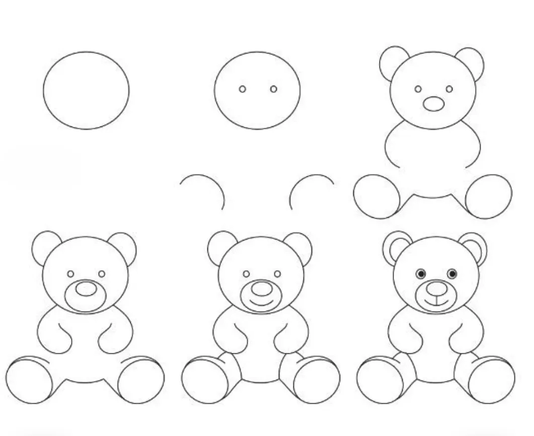 Simple cute easy teddy bear drawing step by step for girls and kids with pencil &mdash; 6 steps