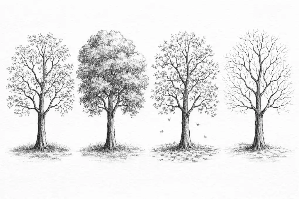 Tree pencil drawing four seasons step by step for beginners &mdash; simple nature pencil drawing